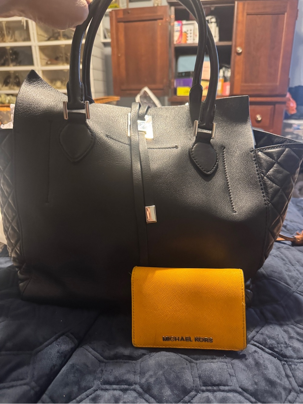 Michael Kors Miranda Black Leather Quilted Tote with Wallet